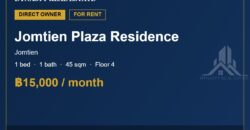 Jomtien Plaza Residence 1-Bed Condo for Rent, 4th Floor
