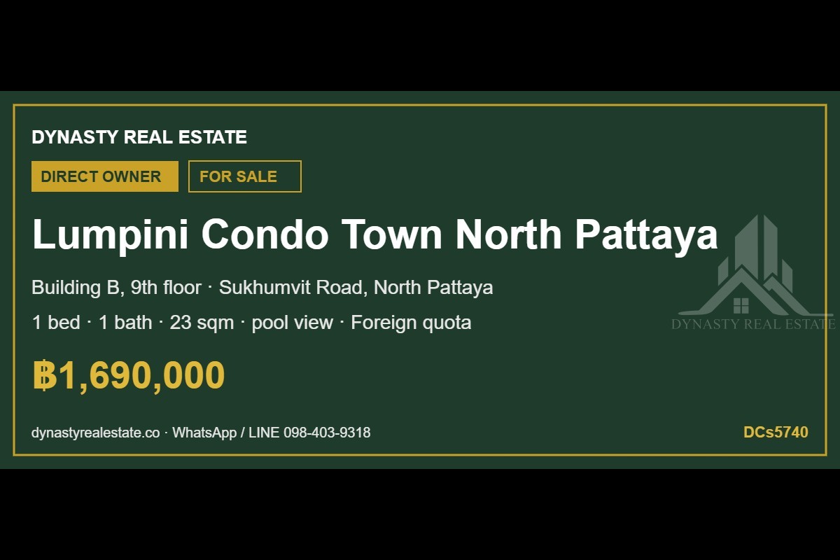 Lumpini condo town north pattaya 1-bed condo for sale, building b 9th floor