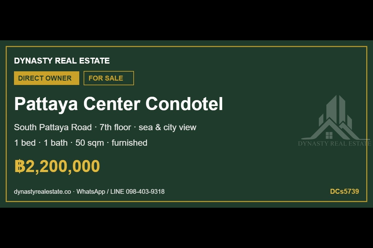 Pattaya center condotel 1-bed sea view condo for sale, south pattaya road