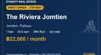 Riviera jomtien 1-bed city view condo for rent, 34th floor