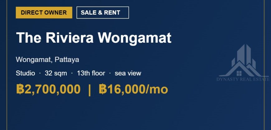 The Riviera Wongamat Studio Sea View Condo for Sale & Rent